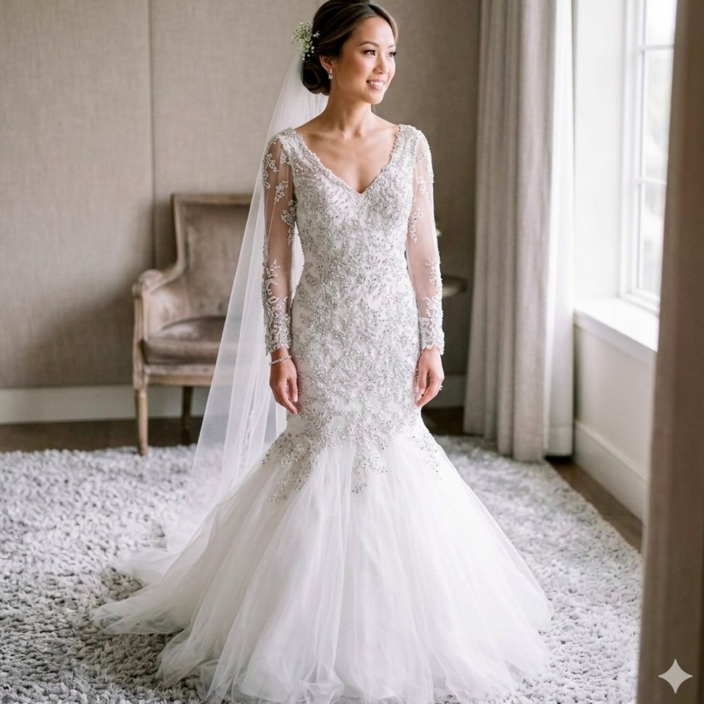 Glow Women Size 0 Rhinestone Embellished Mermaid Wedding Gown Long Sleeve V-Neck